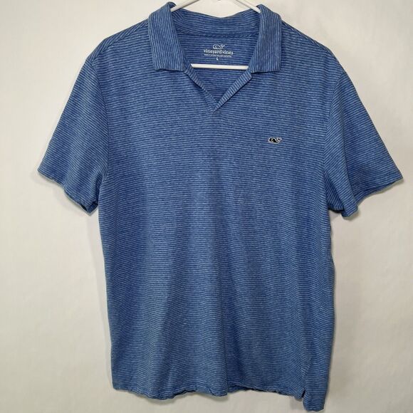 Vineyard Vines V Neck Linen Blend Polo Shirt Mens Size Large Blue Striped SS - Picture 1 of 10